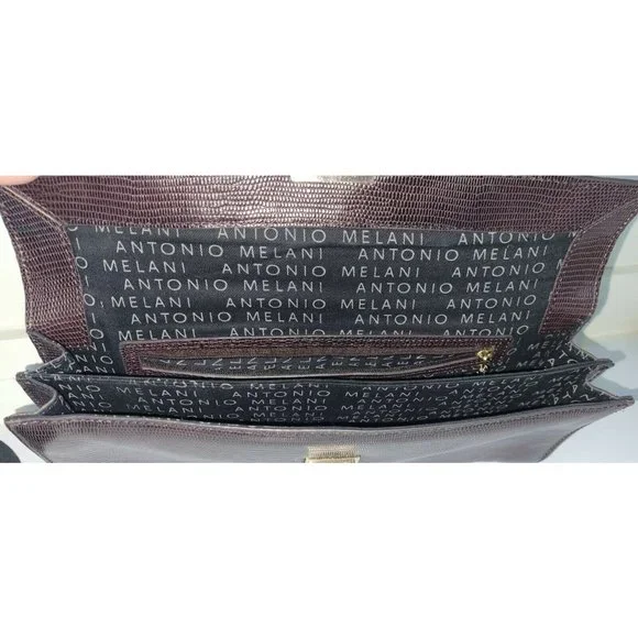 Antonio Melani Lizzard Croc Embossed Brown Leather Turn LockClutch Handbag Purse - Picture 9 of 9